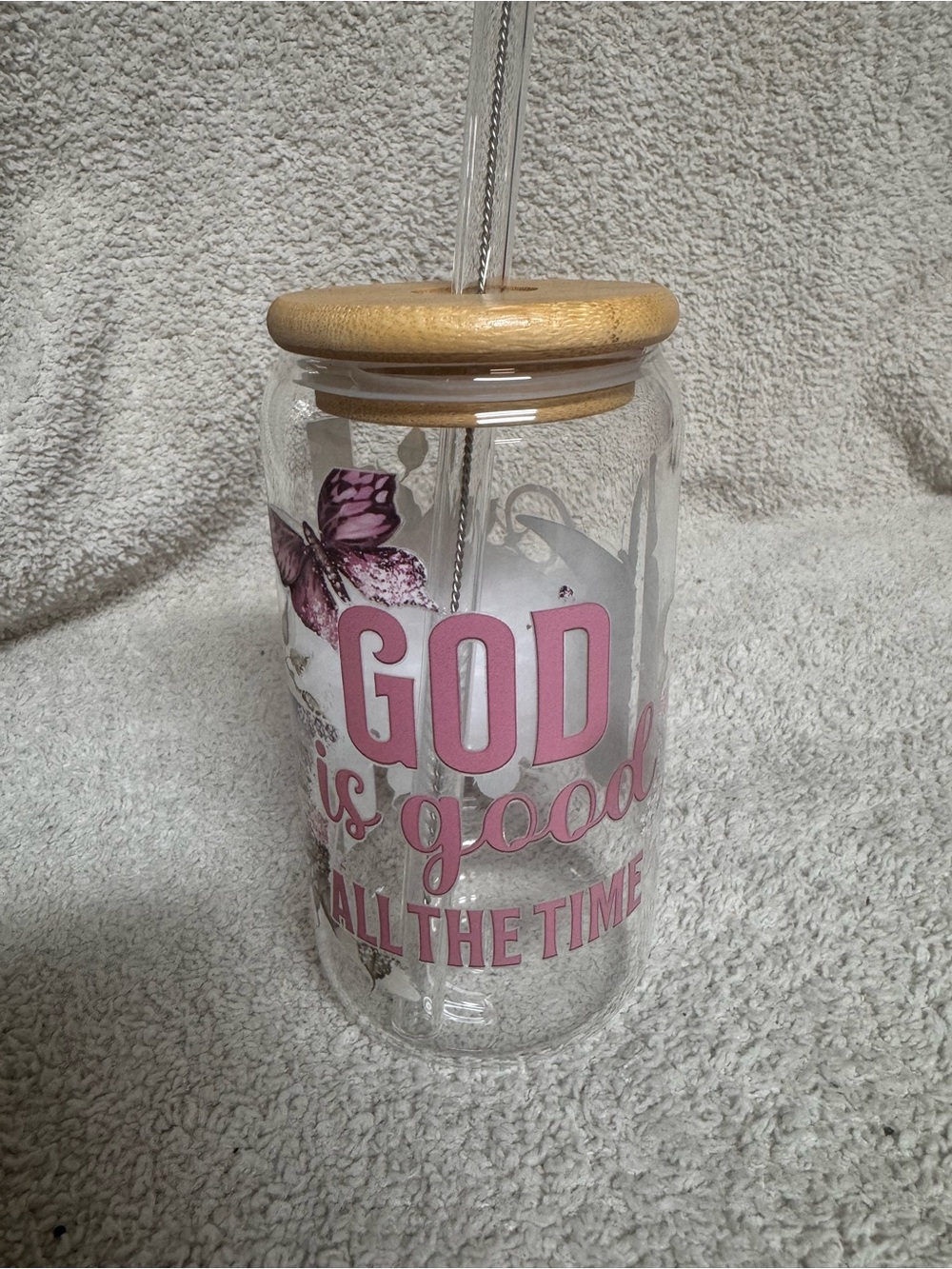 Pink Faith-Inspired Glass Tumbler with Bamboo Lid and Straw